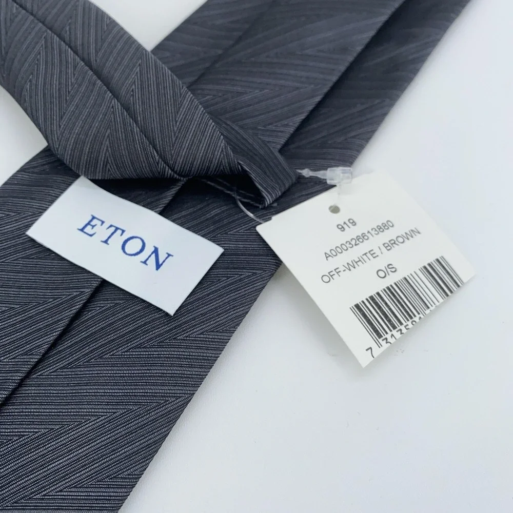 Eton Tie Mens One Size Off White Brown Silk Herringbone Necktie Made In Italy